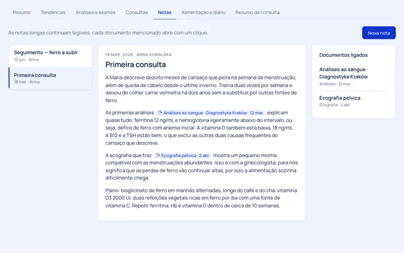 Nota de consulta com ligações a análises ao sangue e a um relatório de ecografia